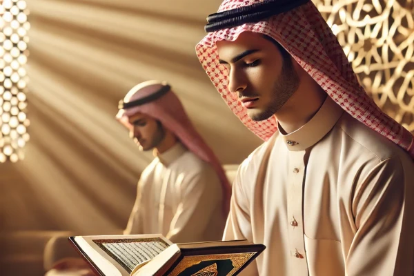 DALL·E 2024-09-14 17.08.40 - Create a serene and spiritual image of a young Saudi man in traditional attire, sitting calmly in a quiet, beautifully lit room, holding an open Qur’a