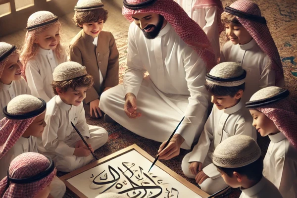 DALL·E 2024-09-14 17.33.38 - Create a heartwarming image showing young children being introduced to Arabic calligraphy by a male teacher. The scene depicts a group of children, ea